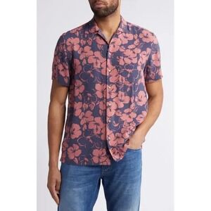 Faherty Brand Mens Hibiscus Floral Print Ecovero Viscose Camp Shirt Navy Coral L